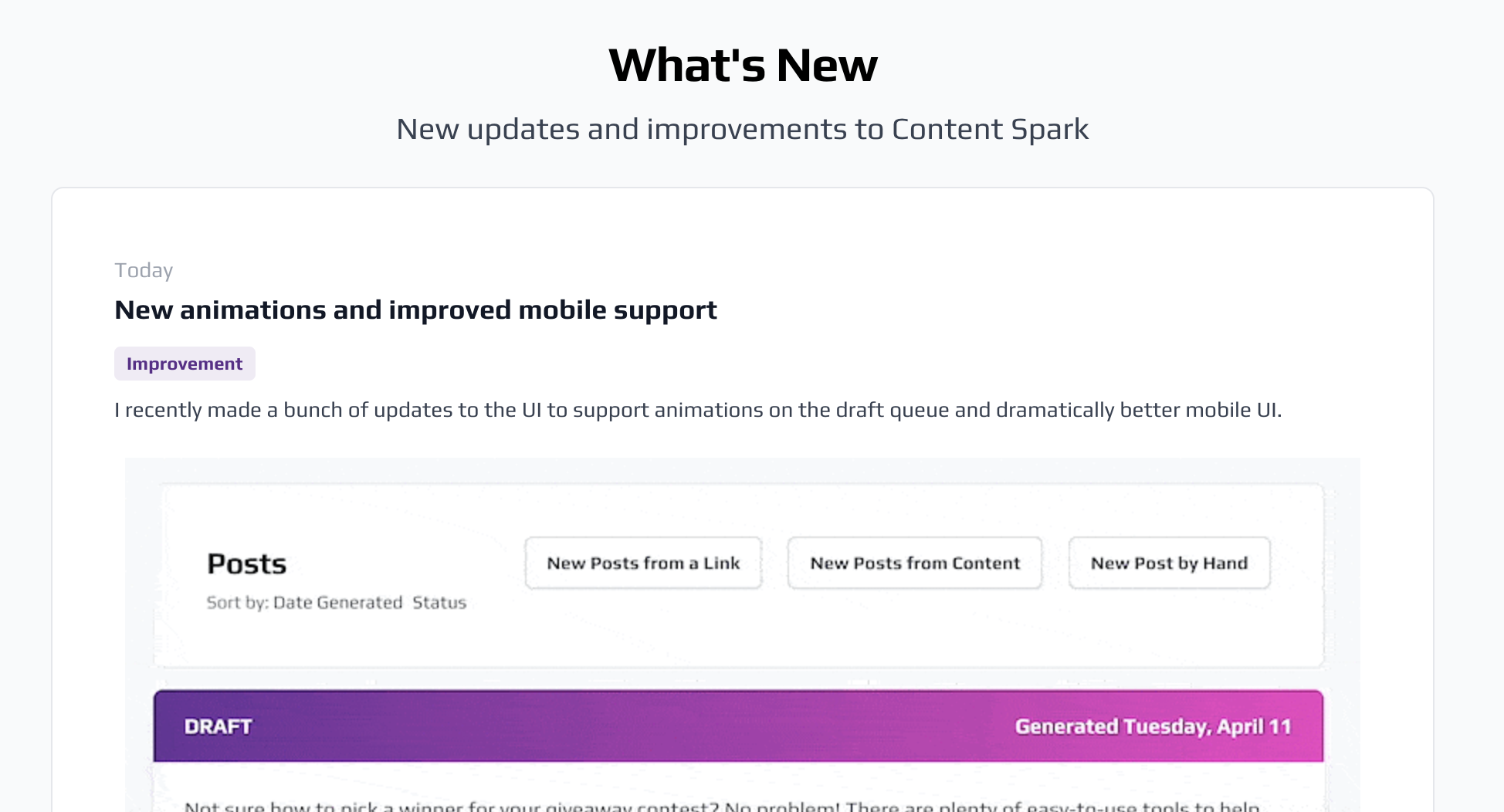 content spark announcements UI. 