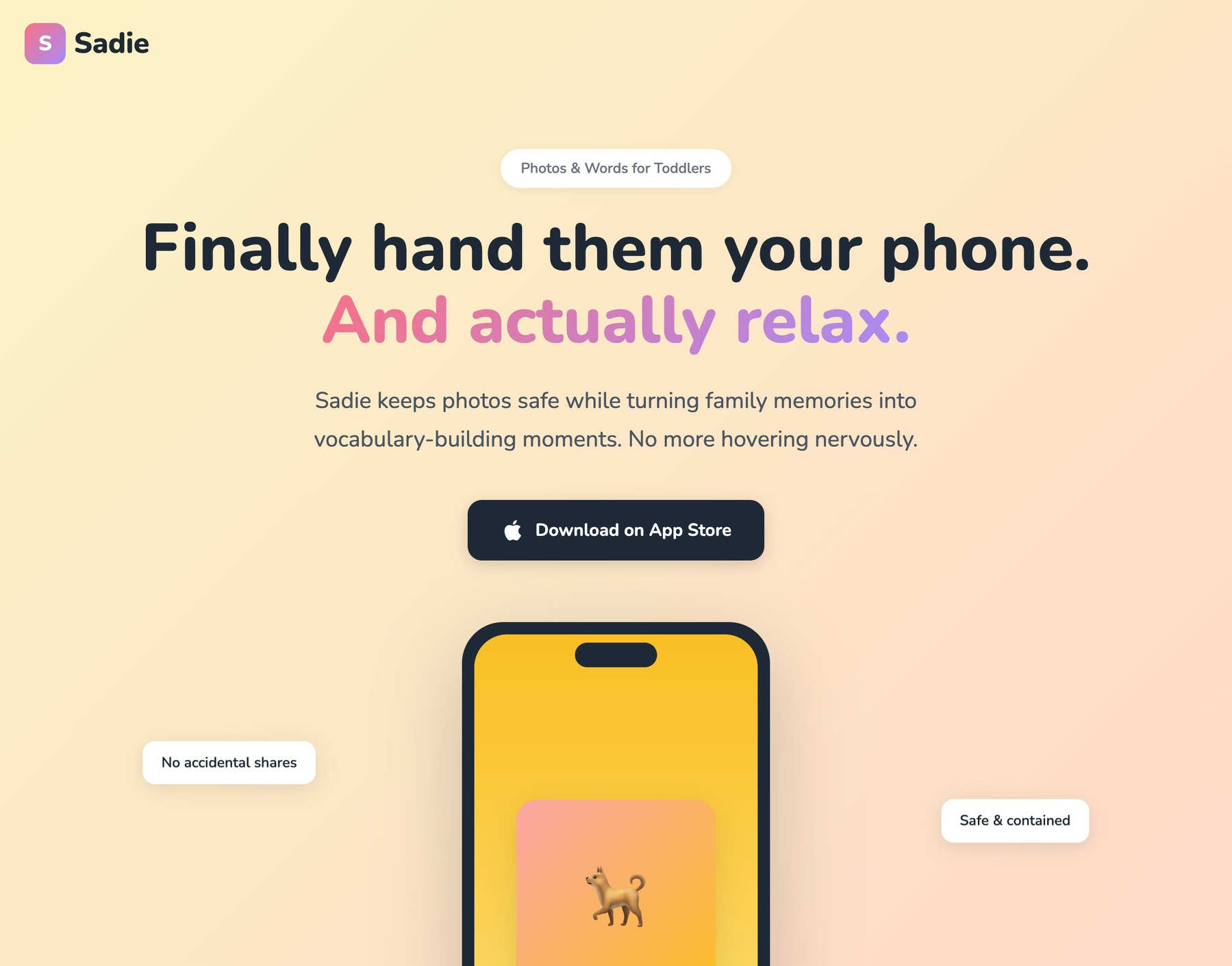 A promotional graphic for a mobile app called Sadie, featuring a phone and emphasizing safety and relaxation when handing phones to toddlers.